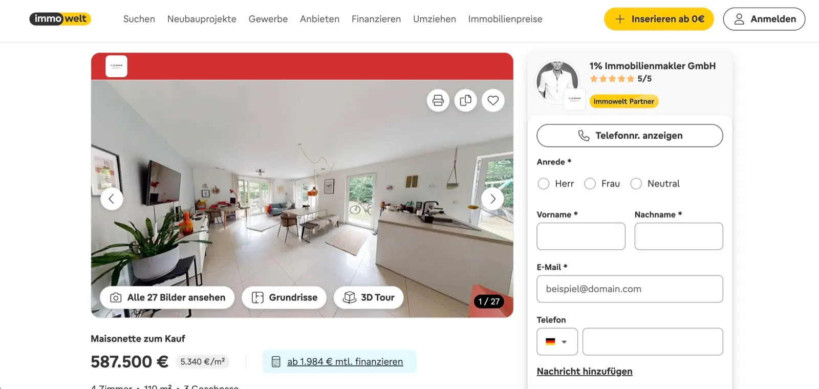 Fertiges Inserat auf einem Immobilienportal